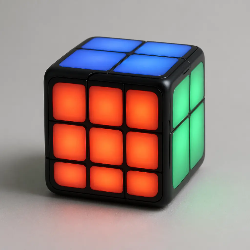 A pocket-sized electronic puzzle with glowing colored panels
