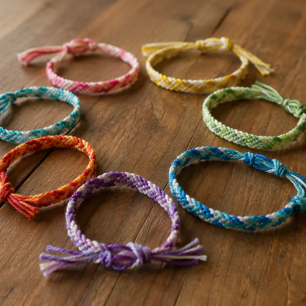 Colorful handmade friendship bracelets arranged on a table