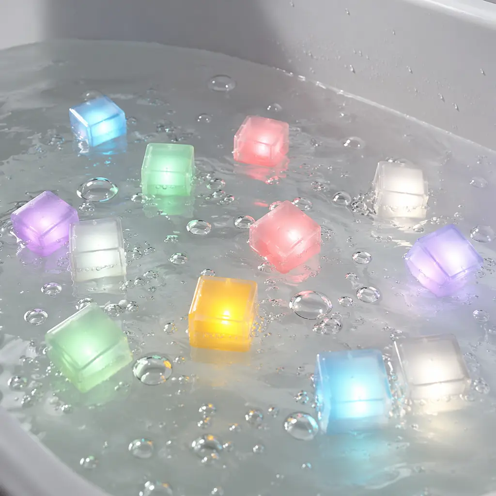 Softly glowing light-up cubes floating in bath water