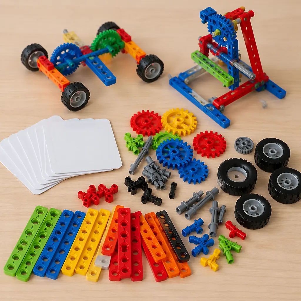 A bright construction toy set with gears and wheels laid out on a table, suggesting hands-on engineering play