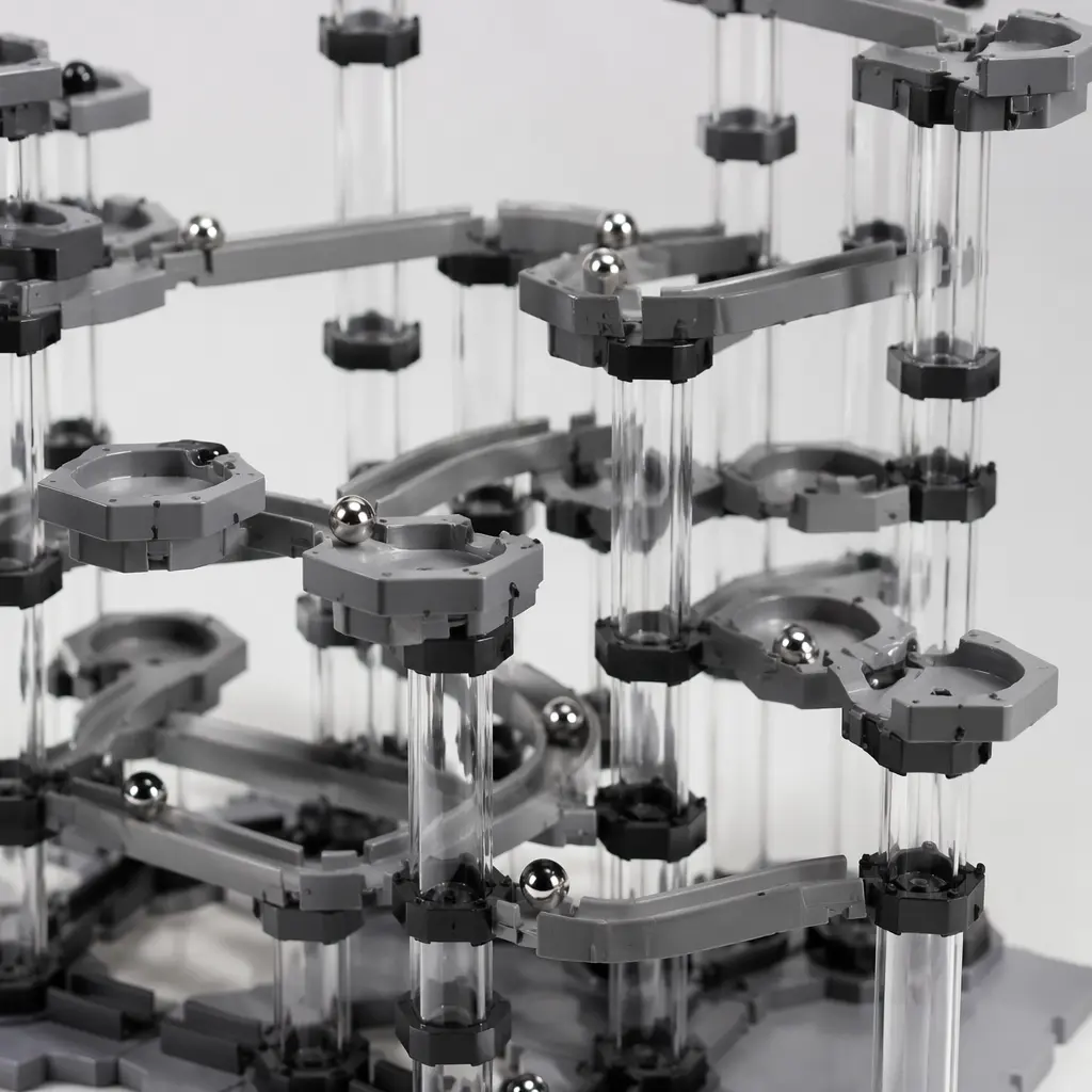 A modular marble run with elevated tracks and marbles mid-roll