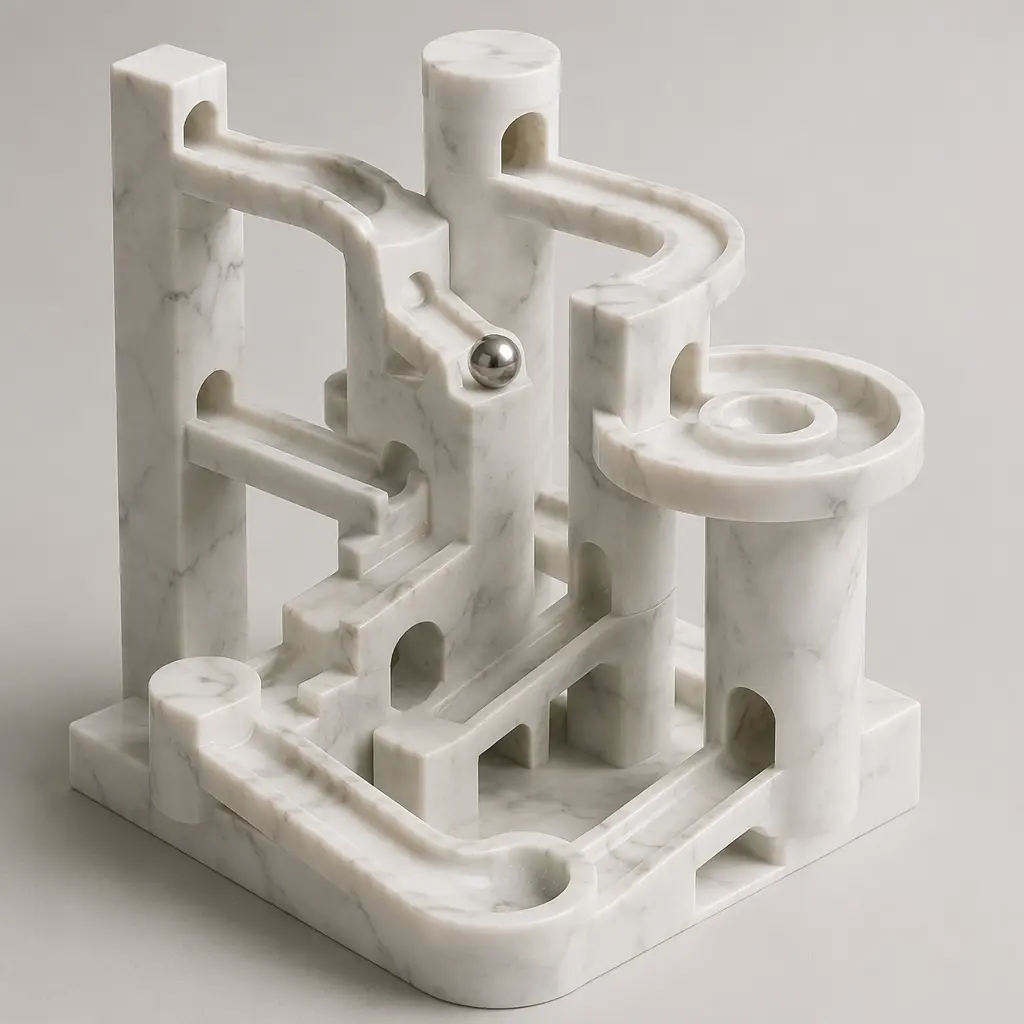 A three-dimensional marble maze puzzle with vertical towers and a single marble