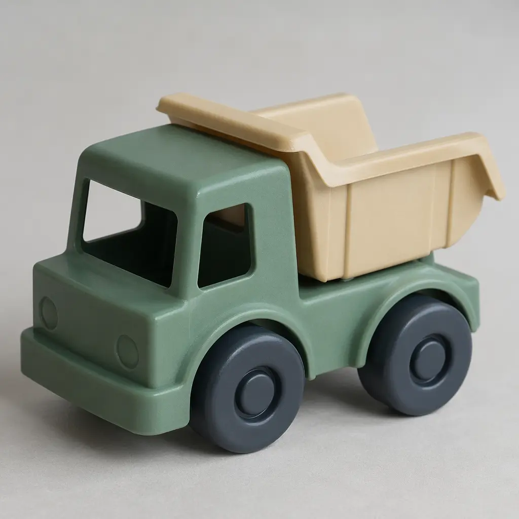 A sturdy, minimalist plastic toy truck representing eco‑friendly pretend play