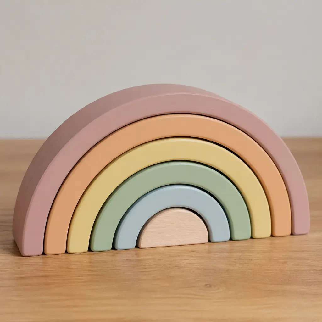 Stacked curved wooden rainbow arcs in soft colours on a wooden table
