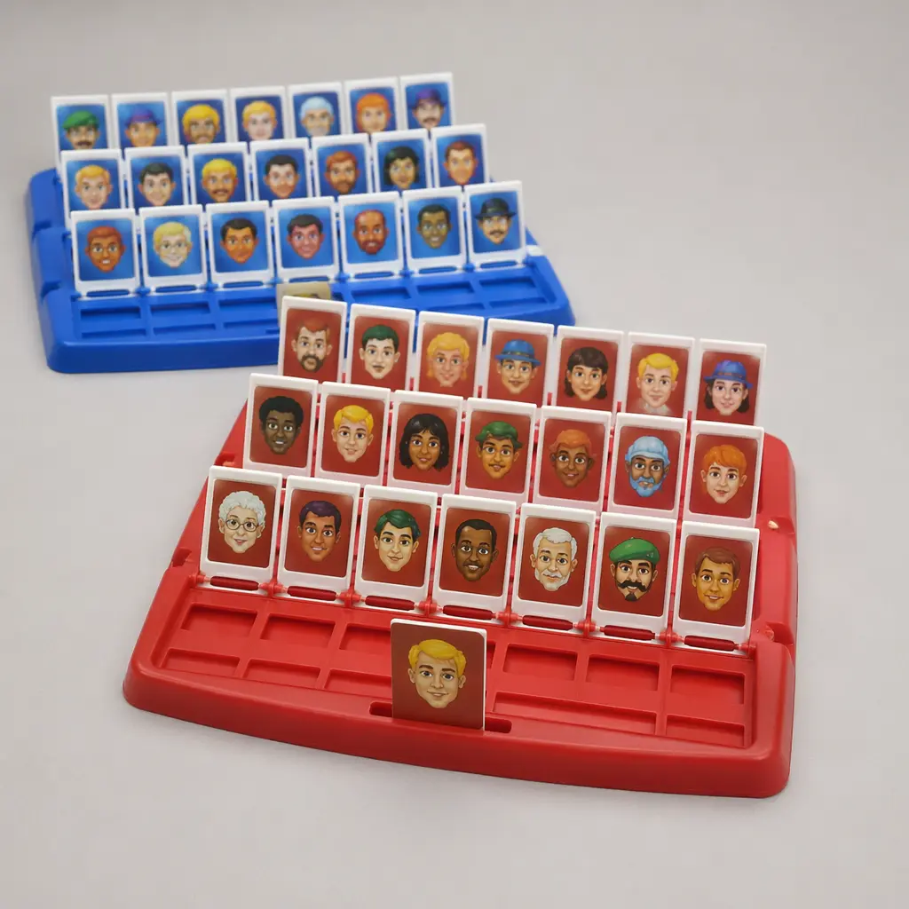 A classic face deduction board game set up for two players with character tiles standing upright.