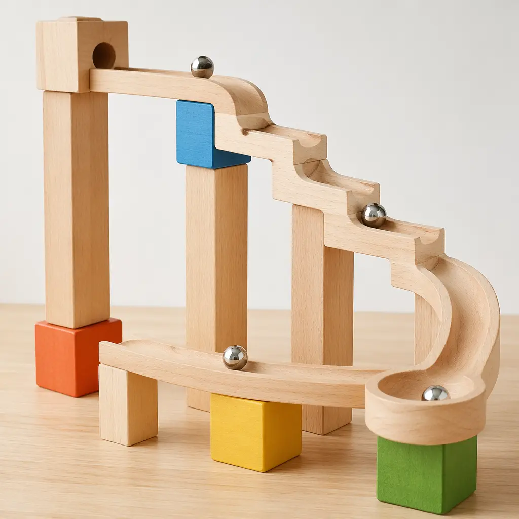 Wooden marble run with stacked blocks and marbles rolling through tracks