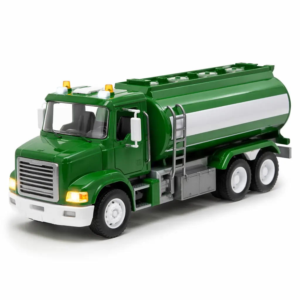 A classic-style green toy fuel truck with white accents photographed on a clean studio background.