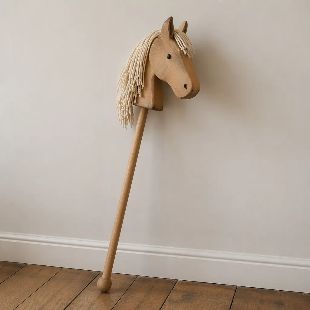 A simple wooden hobby horse toy photographed in soft natural light
