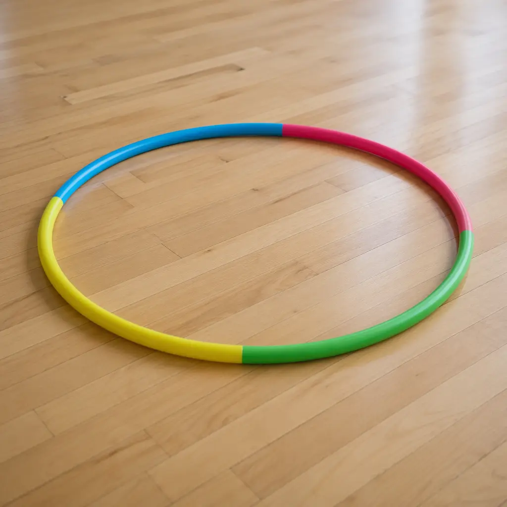 A colorful plastic hula hoop on a wooden floor
