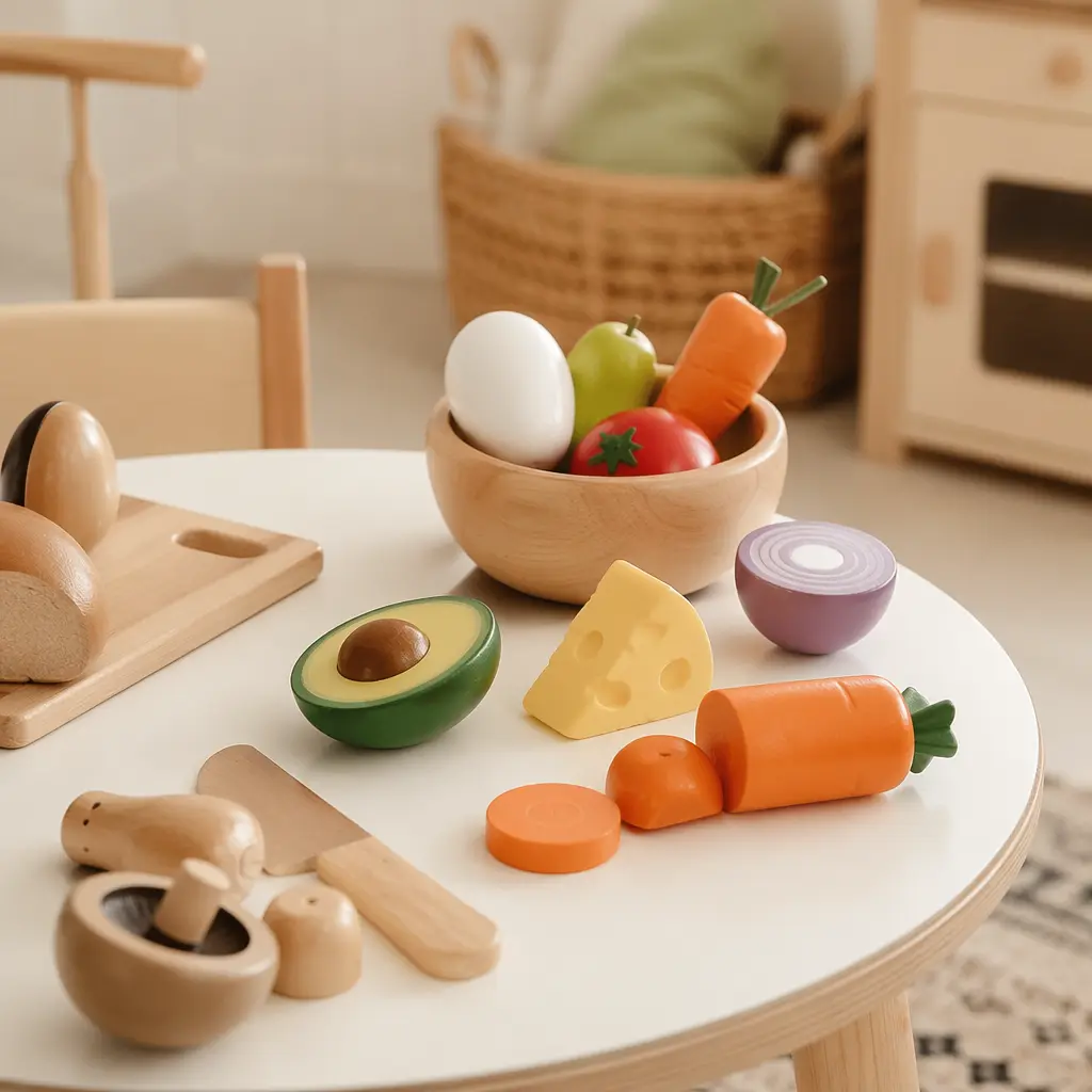 Chunky wooden pretend food pieces on a child-sized table
