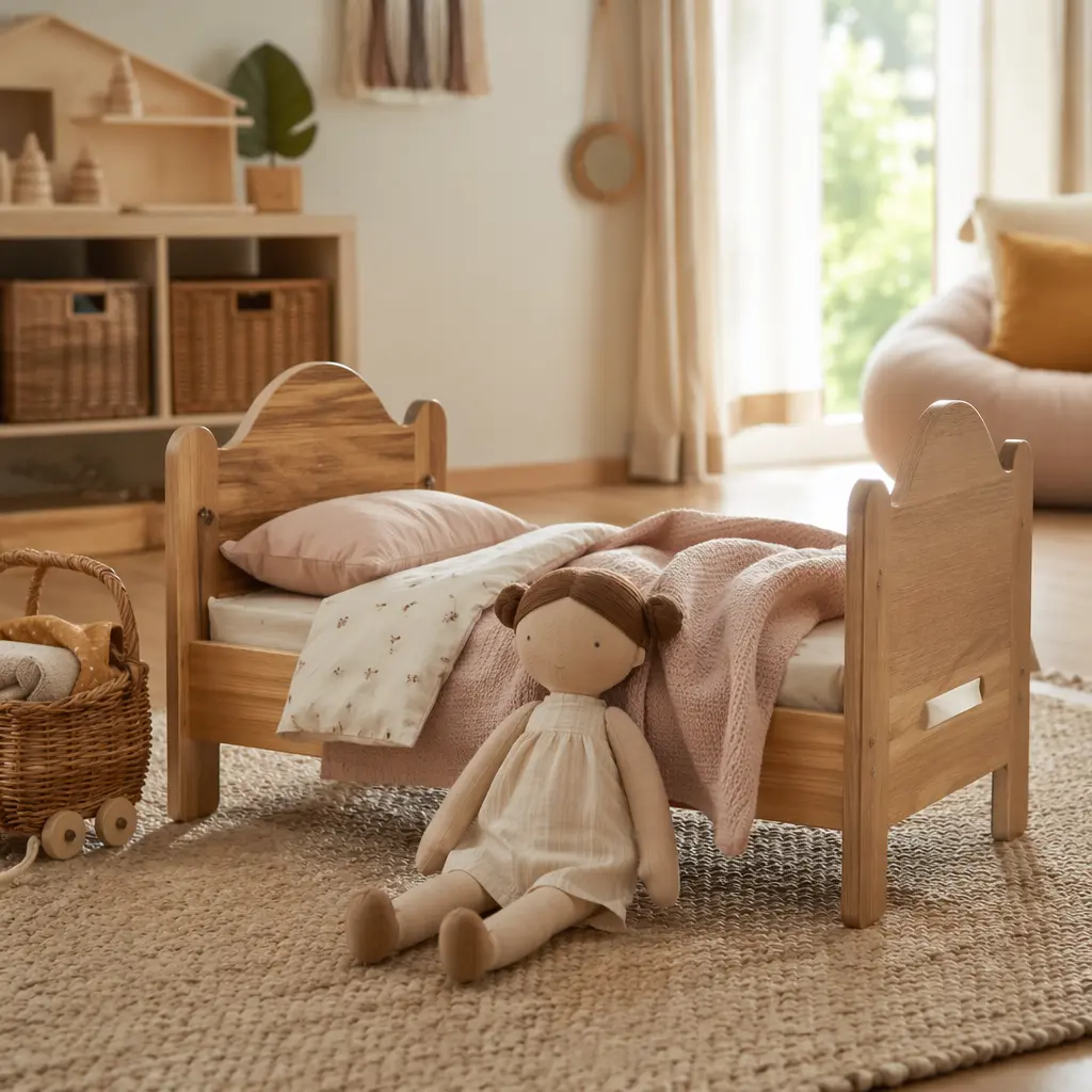 Soft fabric doll next to a small wooden doll bed in a playroom