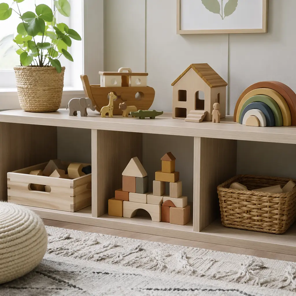 Simple pretend play toys arranged on a low shelf in a bright nursery