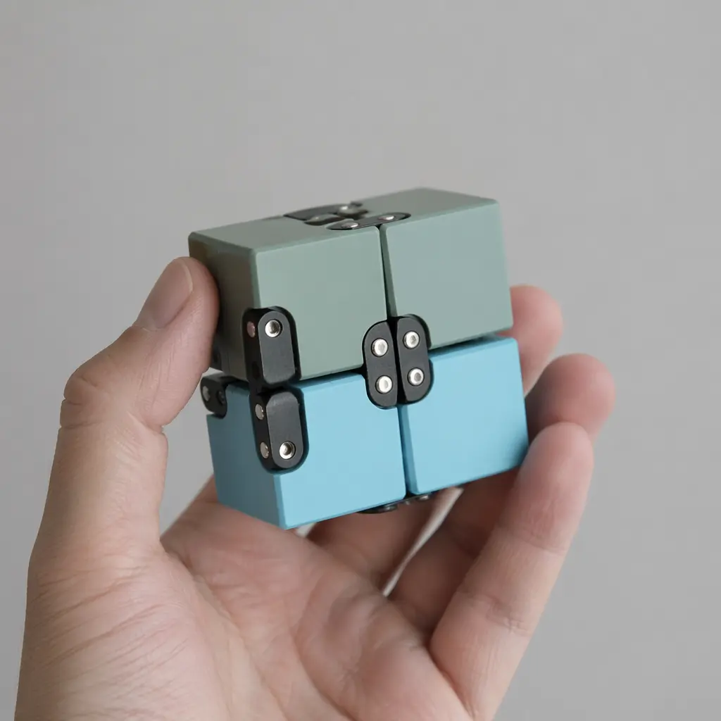 A small folding cube puzzle shown mid-fold against a plain background