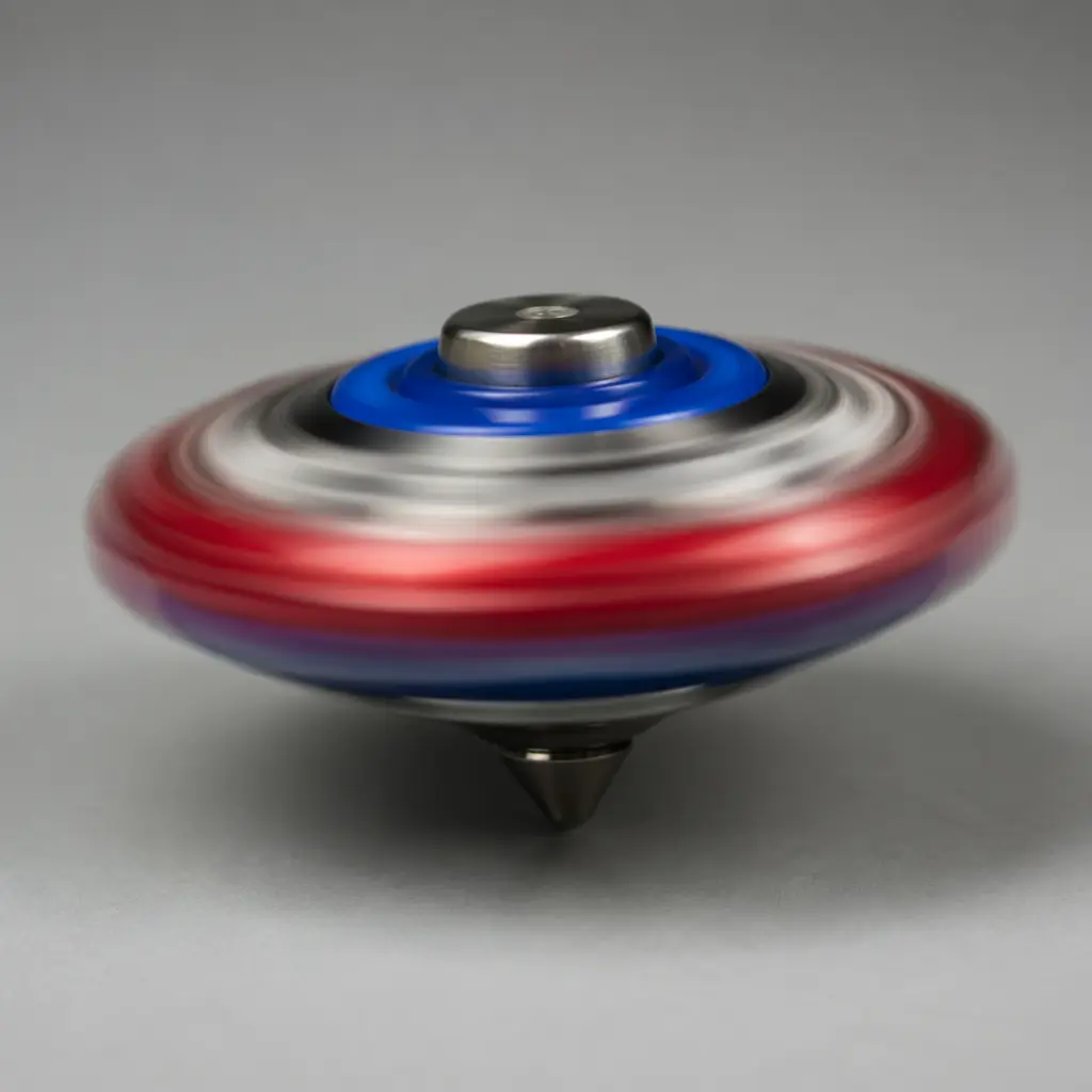 A modern spinning top toy captured mid-spin, showing motion and balance.