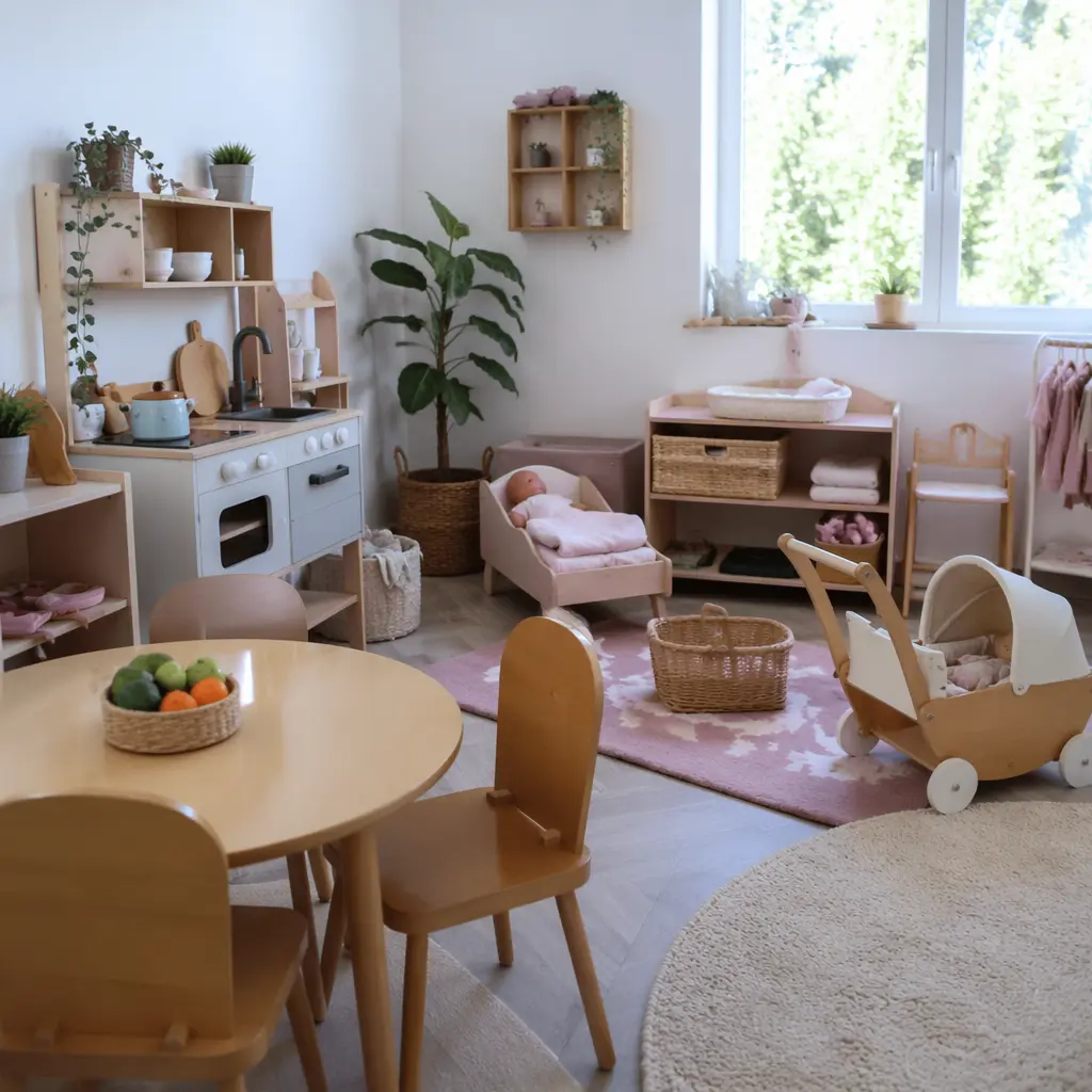 Pretend play stations arranged for independent exploration