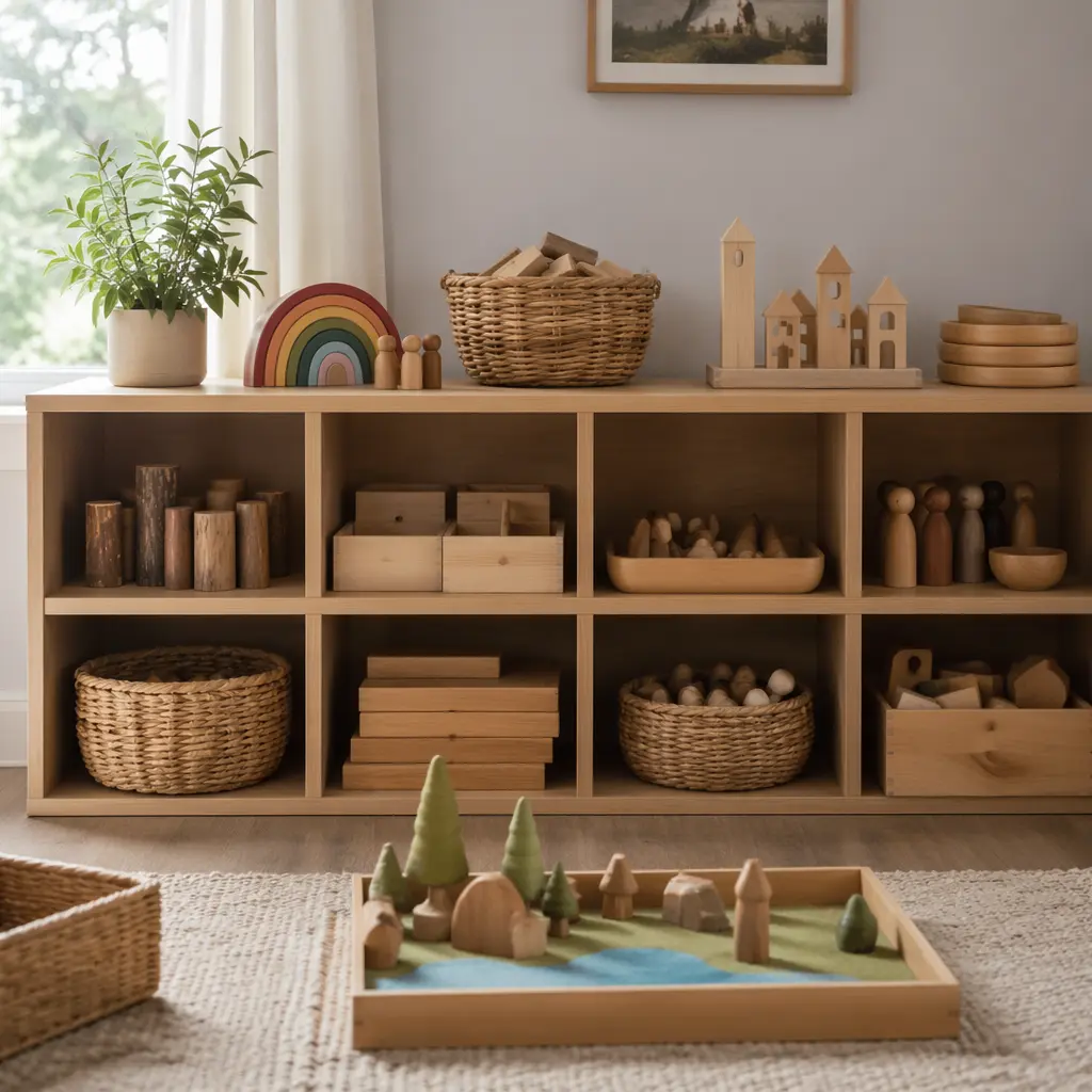 Pretend play toys arranged for easy, independent play in a bright playroom