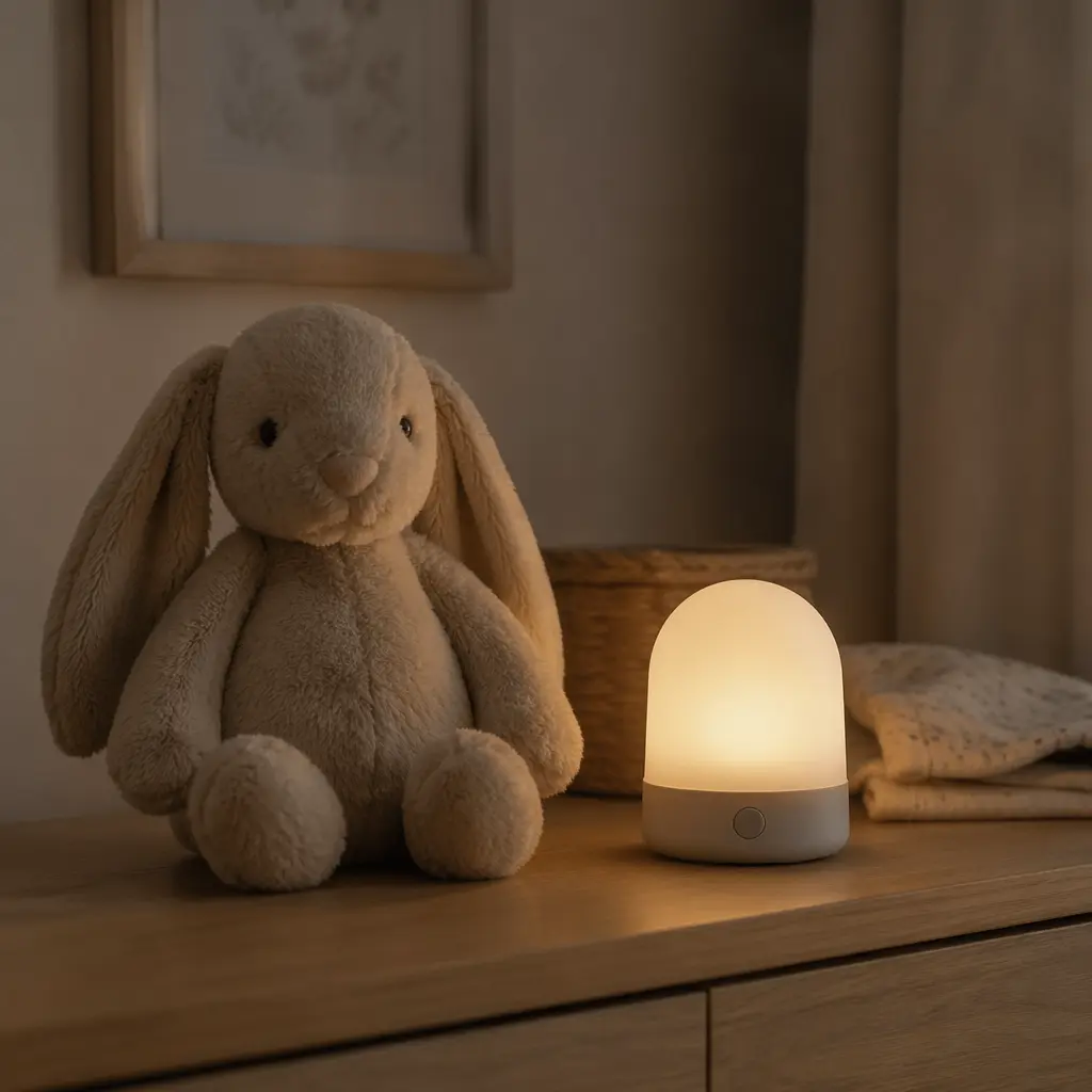 Plush toy near a dim light creating a calm bedtime atmosphere