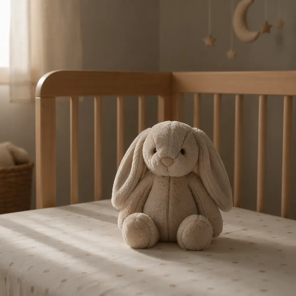 Soft plush toy in a calm nursery setting without a baby present