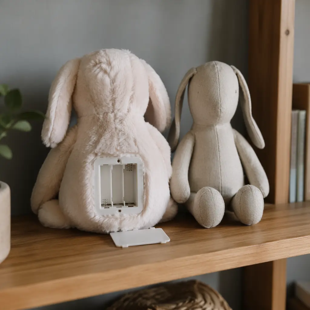 Close-up comparison of an interactive plush toy and a traditional stuffed animal