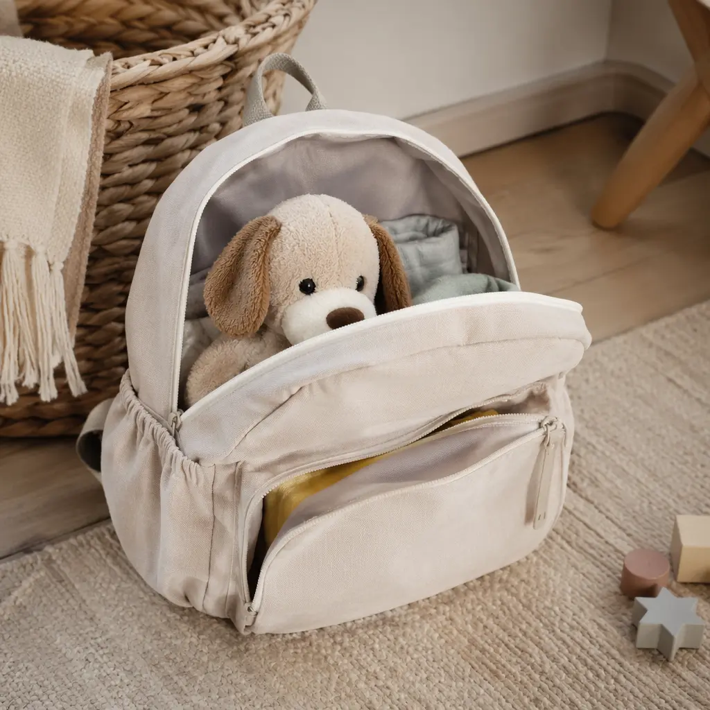 Plush toy tucked into a backpack, suggesting everyday companionship