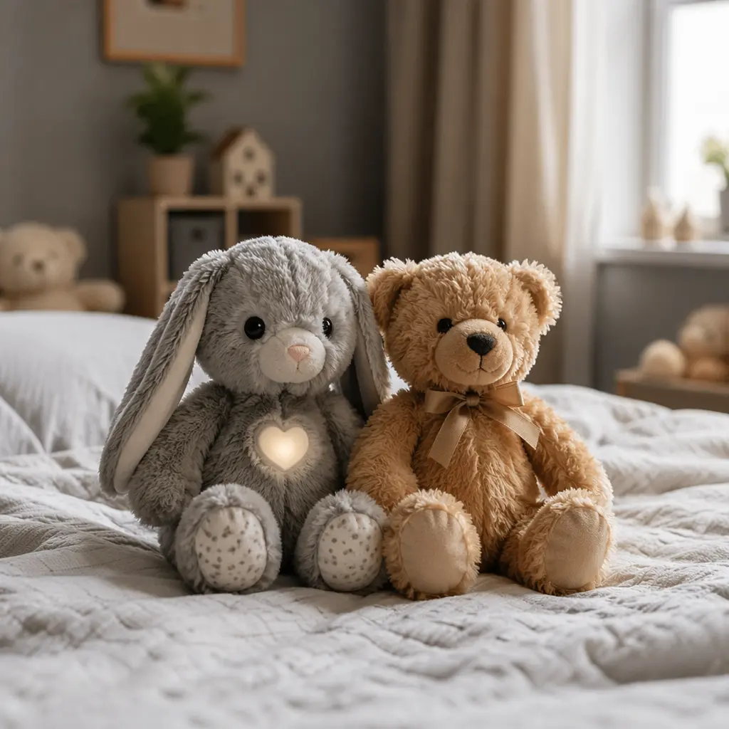 Interactive plush toy and classic stuffed animal side by side on a child's bed