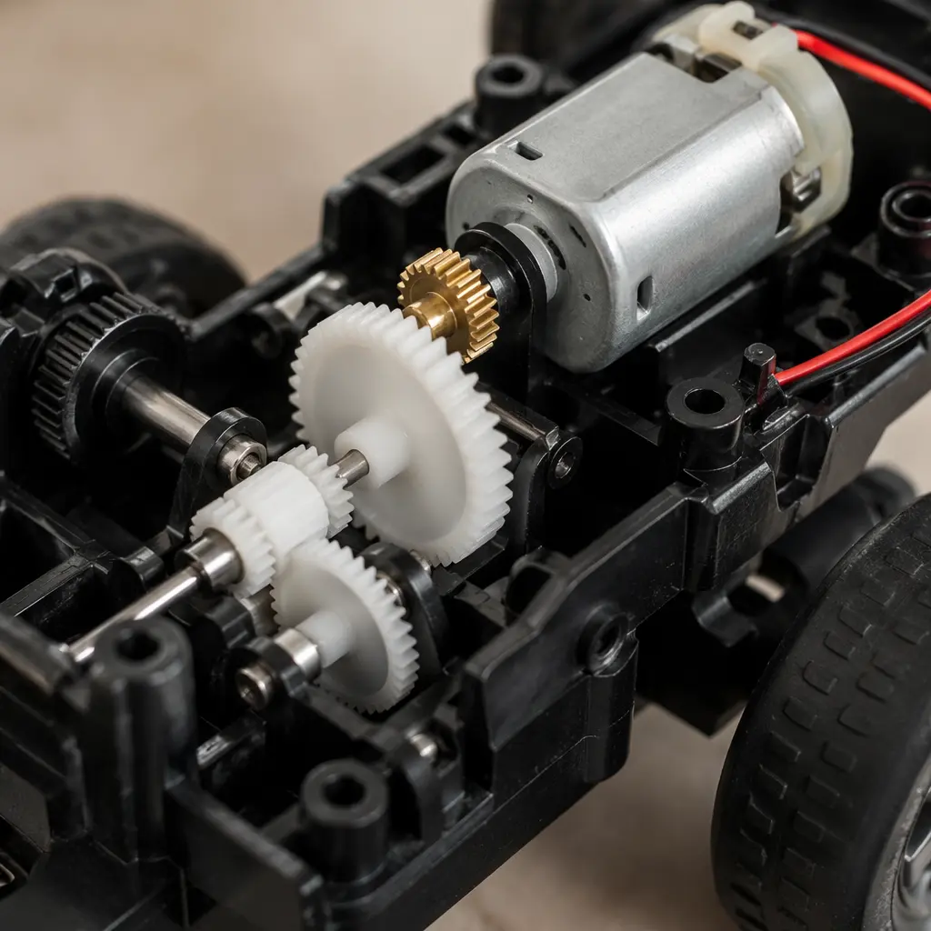 Close-up of gears and a small motor inside a mechanical robot build