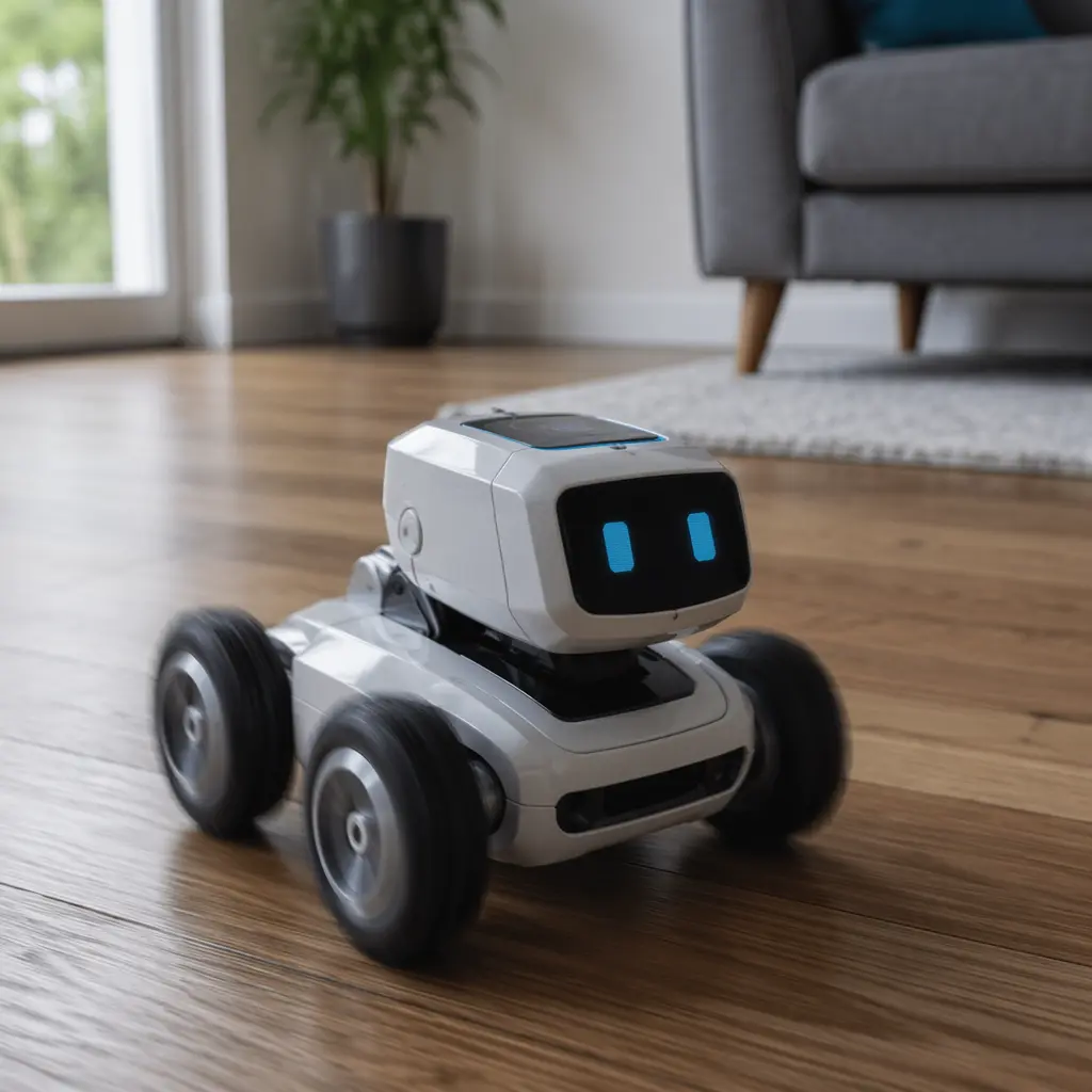 A small mechanical robot rolling across a floor