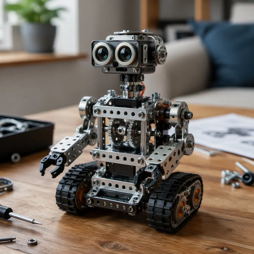 A build-and-move mechanical robot toy with visible gears and wheels on a wooden table