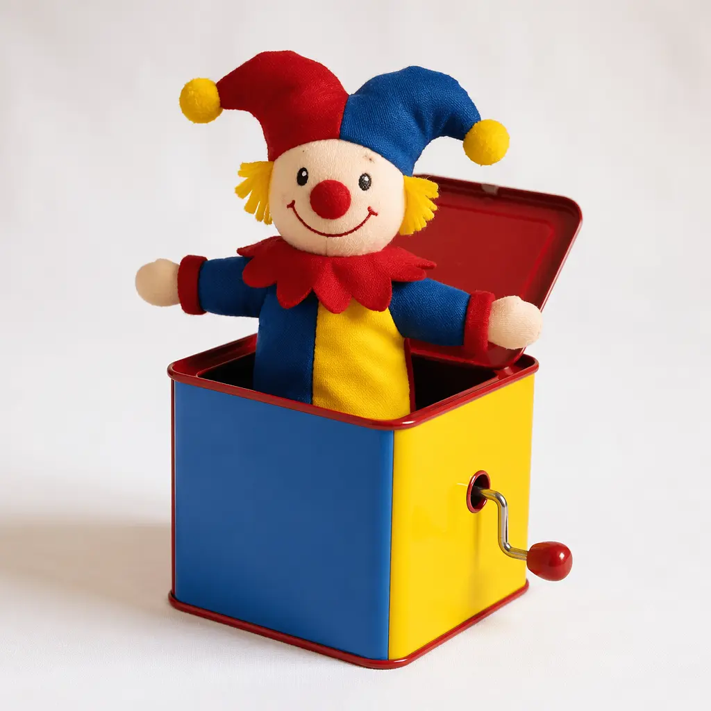 A classic jack-in-the-box toy with a soft figure springing out of a colourful box