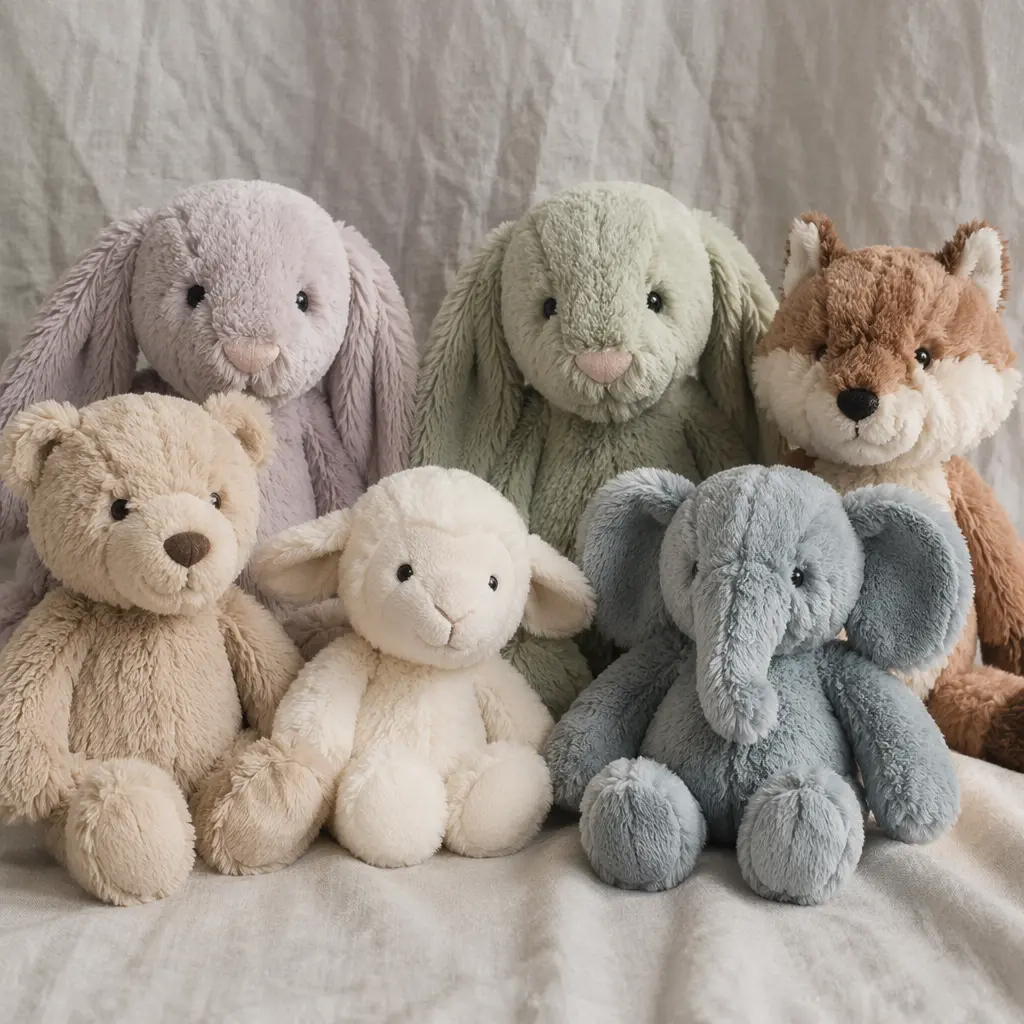 A selection of very soft plush animal toys in pastel colours arranged together