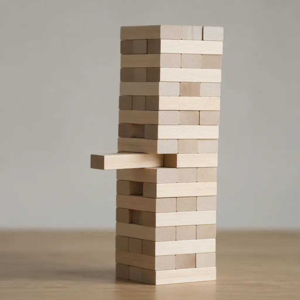 A wooden block tower with a single piece being carefully slid out