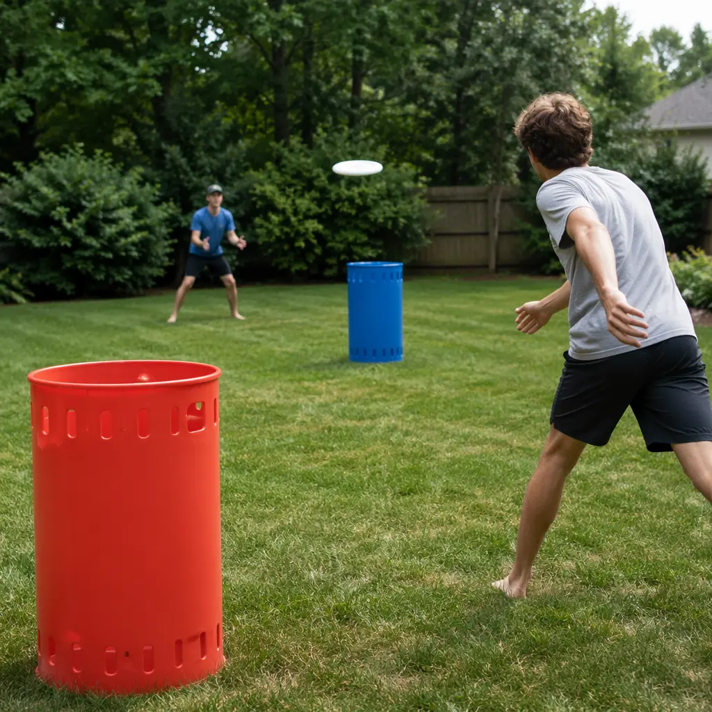 Backyard flying disc game with two plastic goals set apart on grass