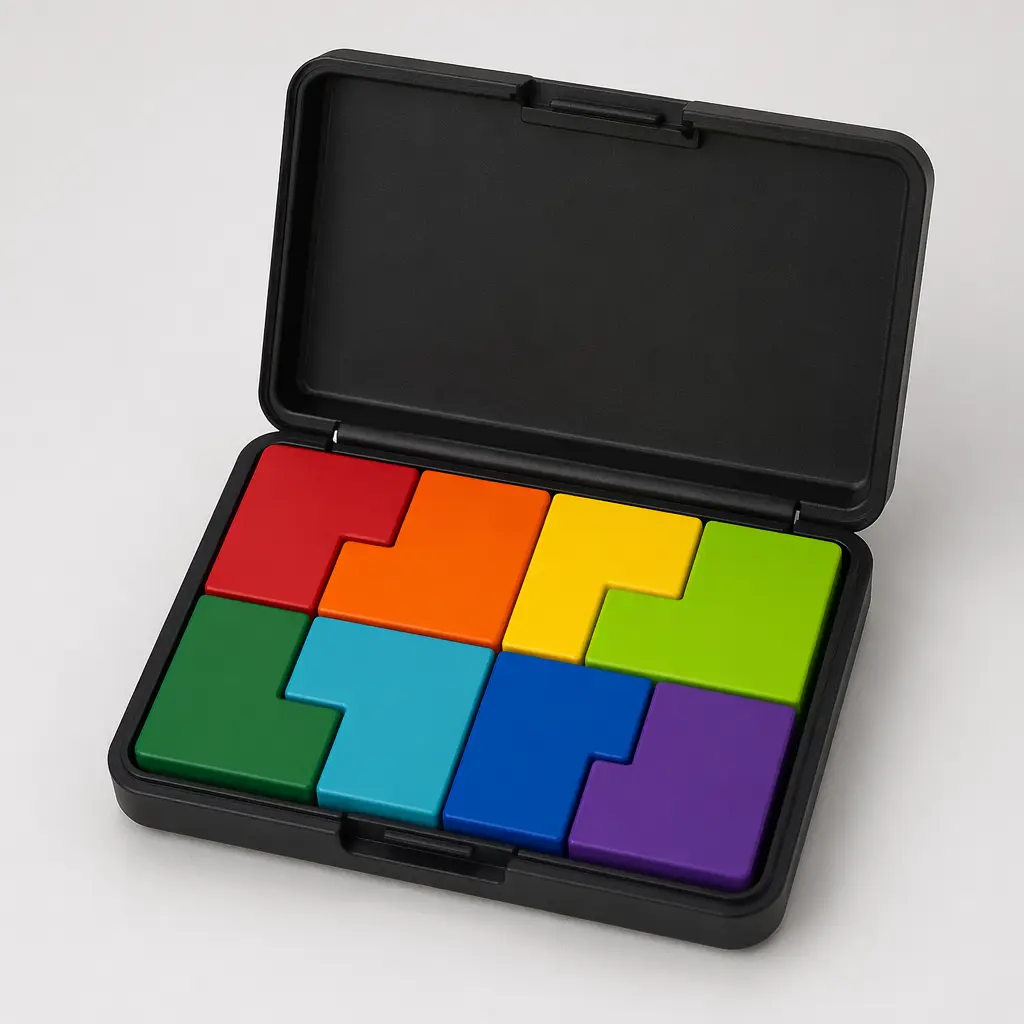 A compact logic puzzle case with colourful geometric pieces arranged neatly inside