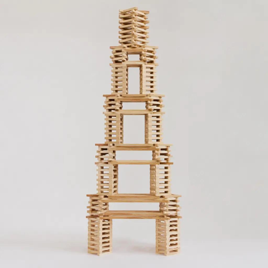 A geometric tower built from identical wooden planks stacked without connectors
