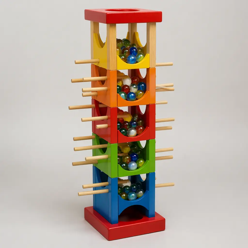 A classic marble-drop game with sticks and marbles creating suspense