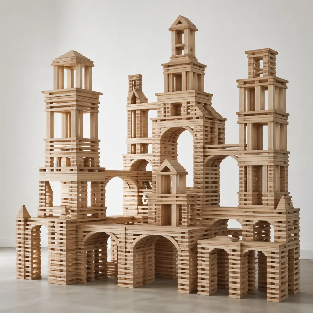 A tall structure made from identical wooden planks balanced into arches and towers