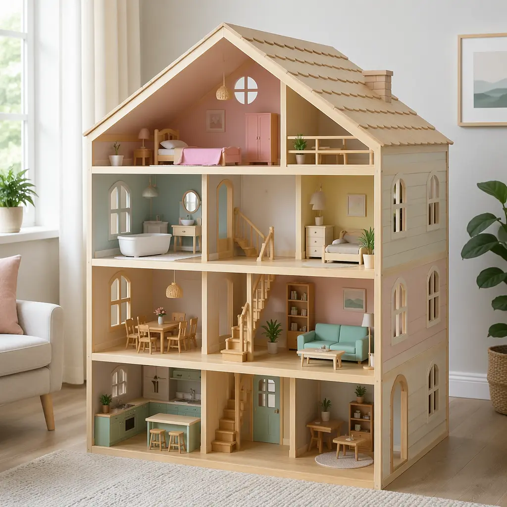 A large wooden dollhouse with multiple floors set up in a bright family living room.