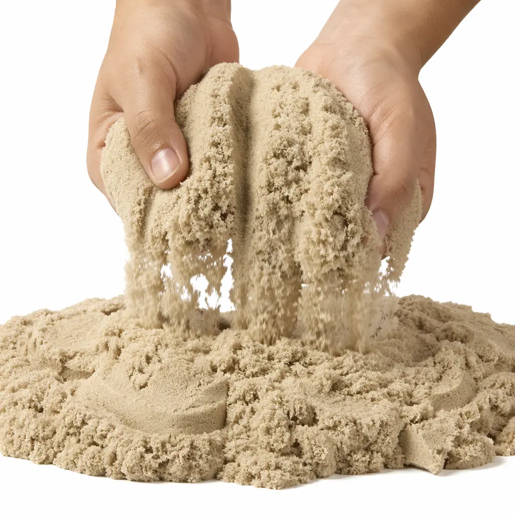 Hands squeezing moldable play sand that flows and holds its shape