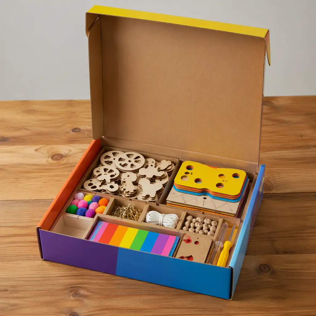 An open hands-on craft kit with colorful materials laid out on a table