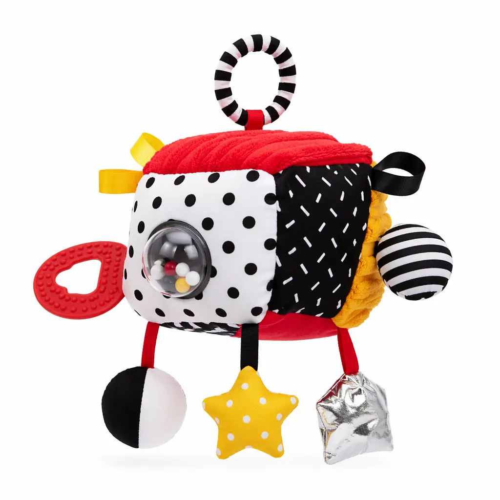 A high-contrast soft baby toy with bright colors and textured fabrics