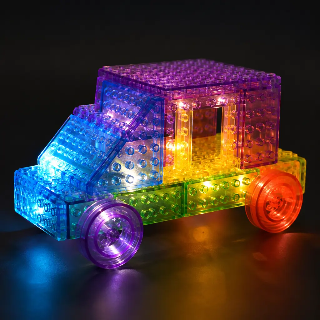 A light-up construction model built from glowing translucent pegs