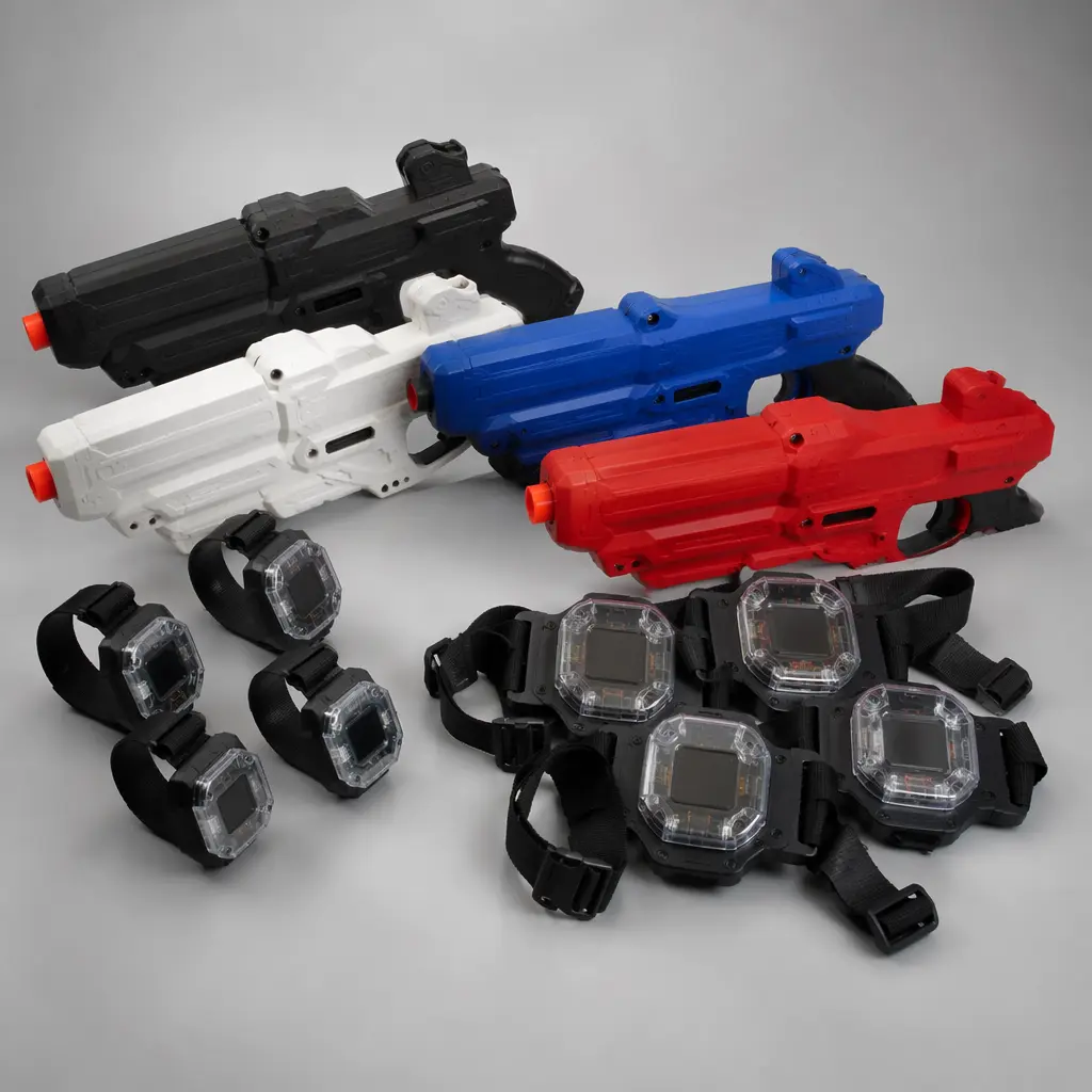 A set of generic laser tag blasters and wearable sensors arranged for play