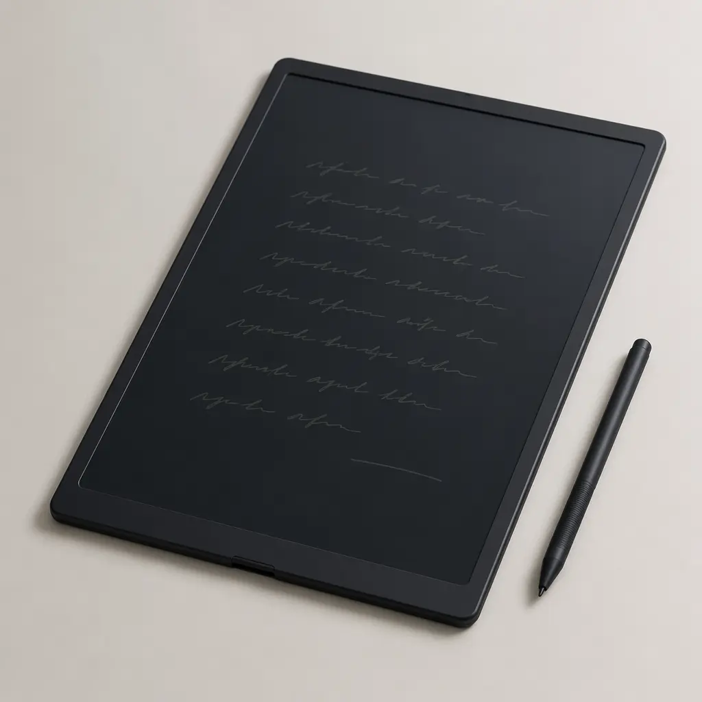 A slim LCD writing tablet with a stylus, shown on a clean studio surface