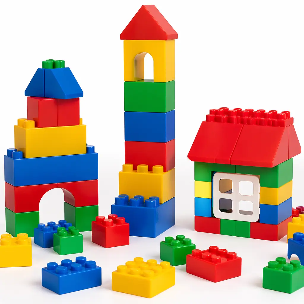 Oversized colorful interlocking building bricks arranged into simple shapes