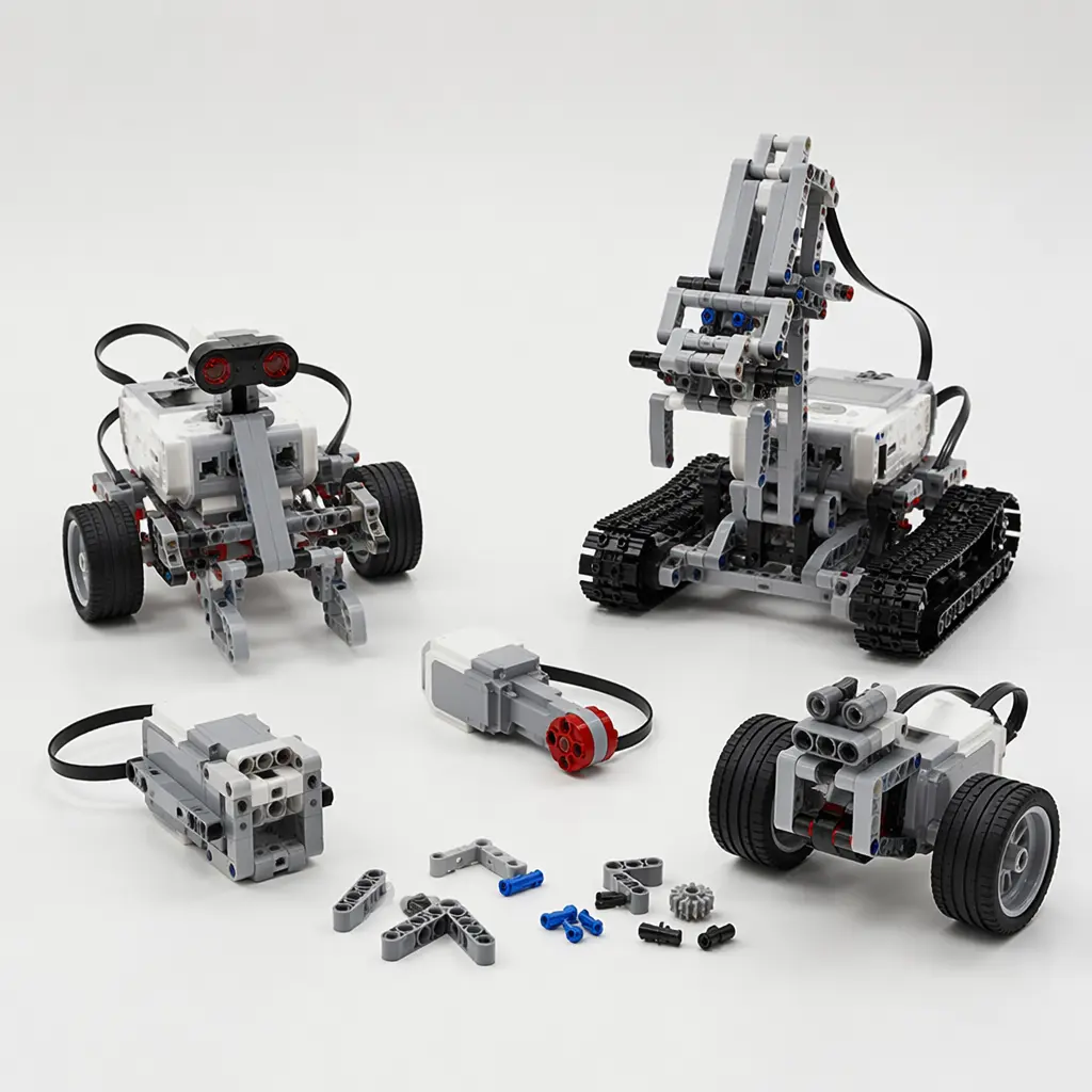 A modular brick-built robot with wheels, sensors, and a control unit on a clean background