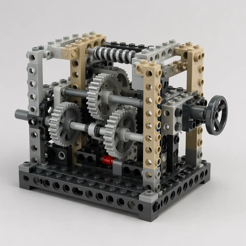 A construction toy model showing exposed gears and axles that demonstrate mechanical movement