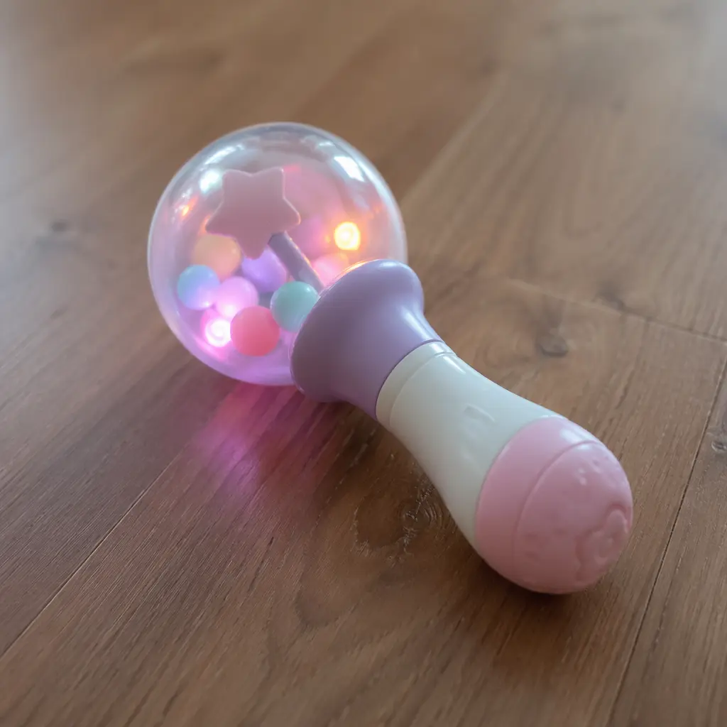 A light-up baby rattle glowing softly on a wooden floor