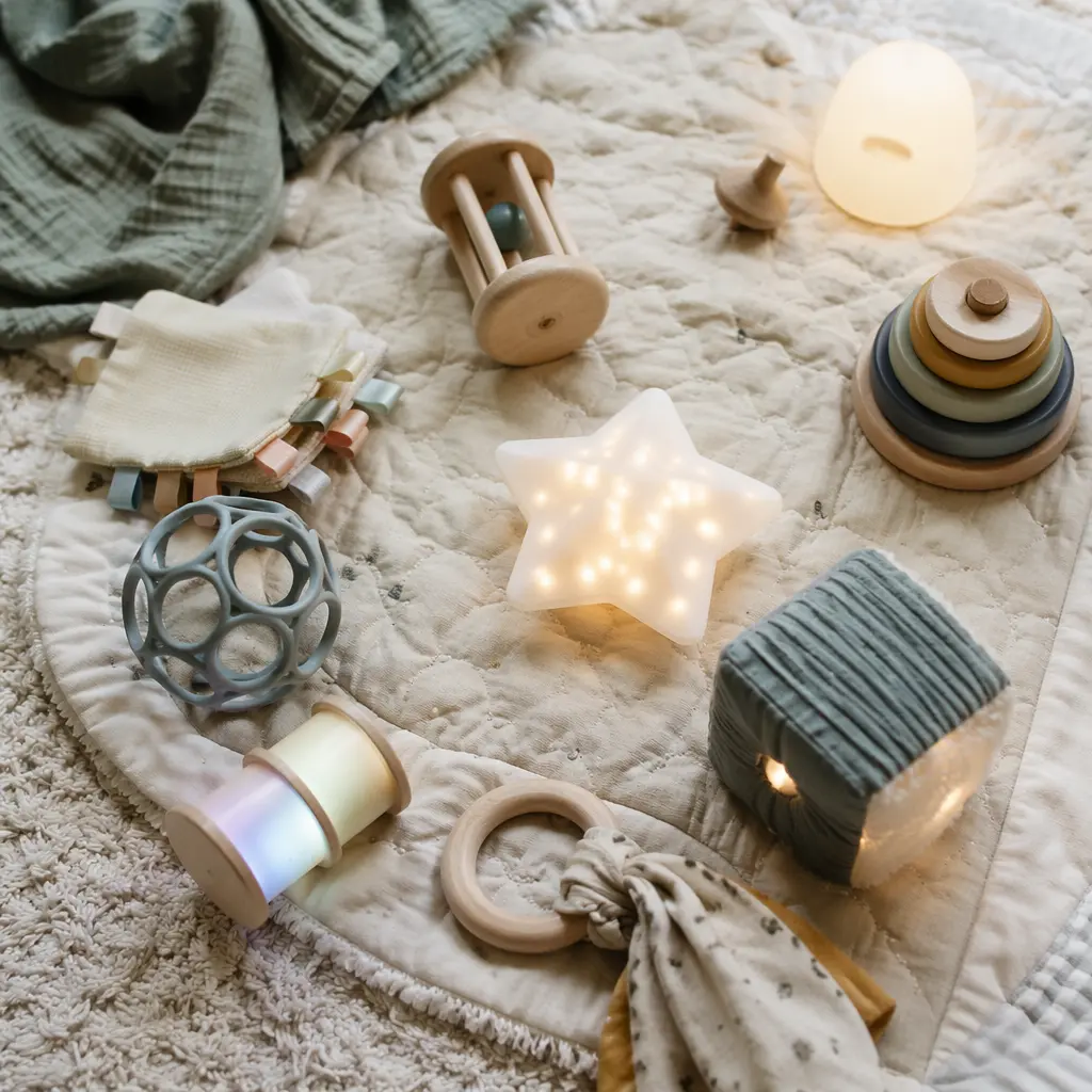 A selection of baby sensory toys with soft lights on a fabric play mat