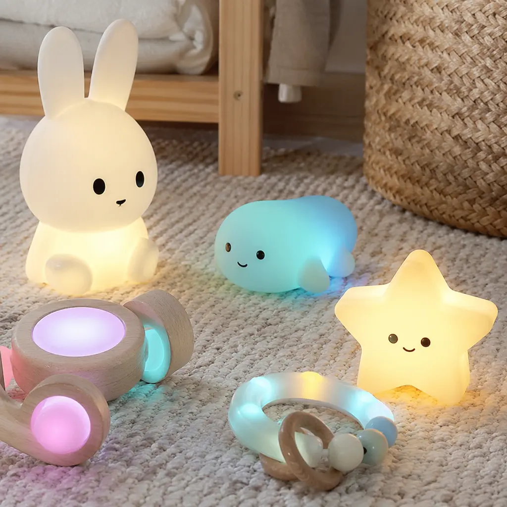 Softly glowing baby toys arranged on a neutral play mat in natural light