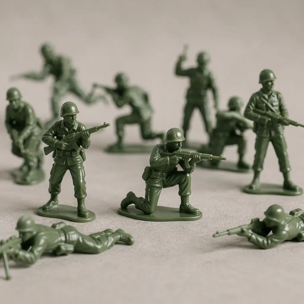 Classic green plastic toy soldiers arranged in various action poses